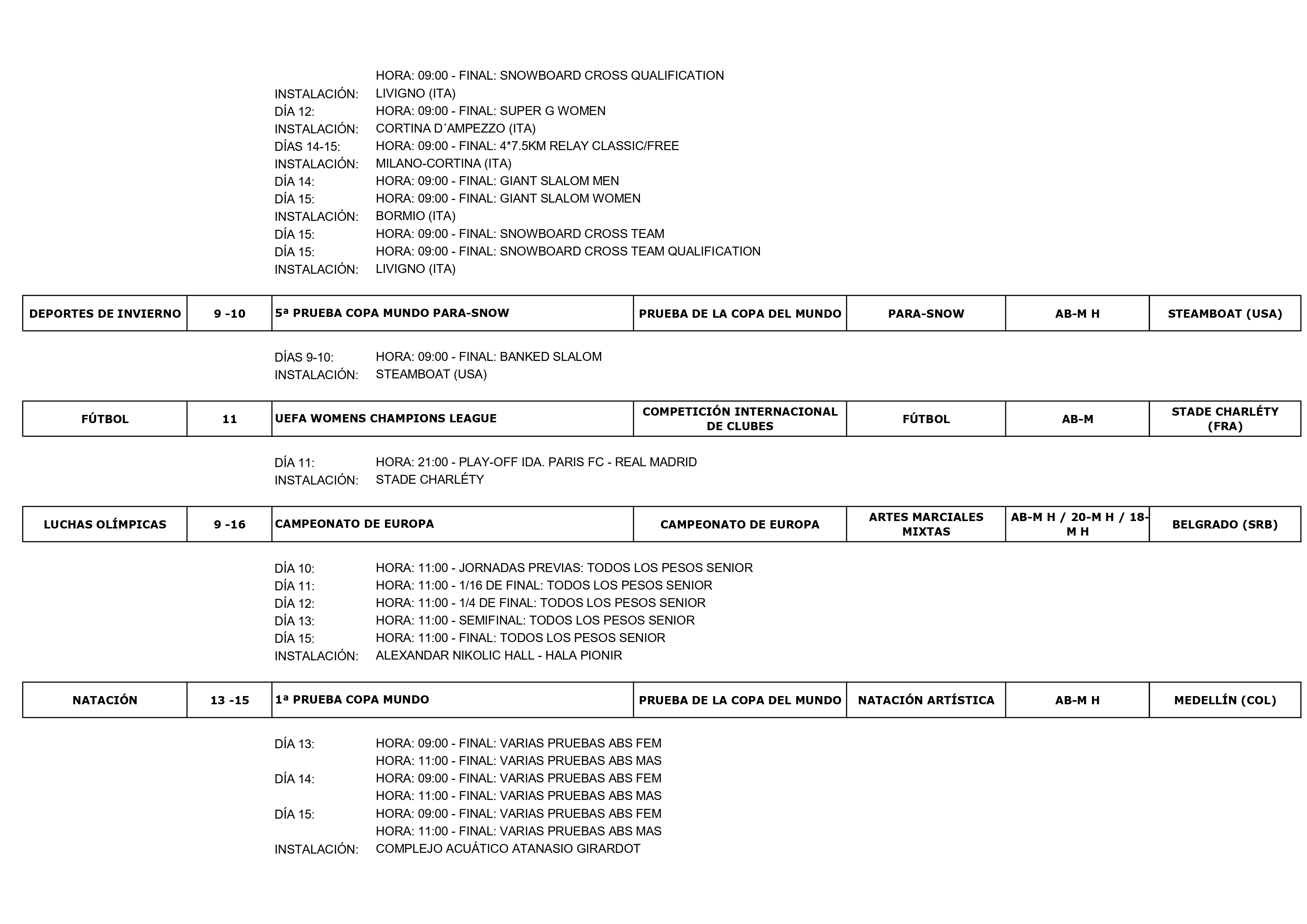 Image with the sports calendar from 9 to 15 February 2026_05